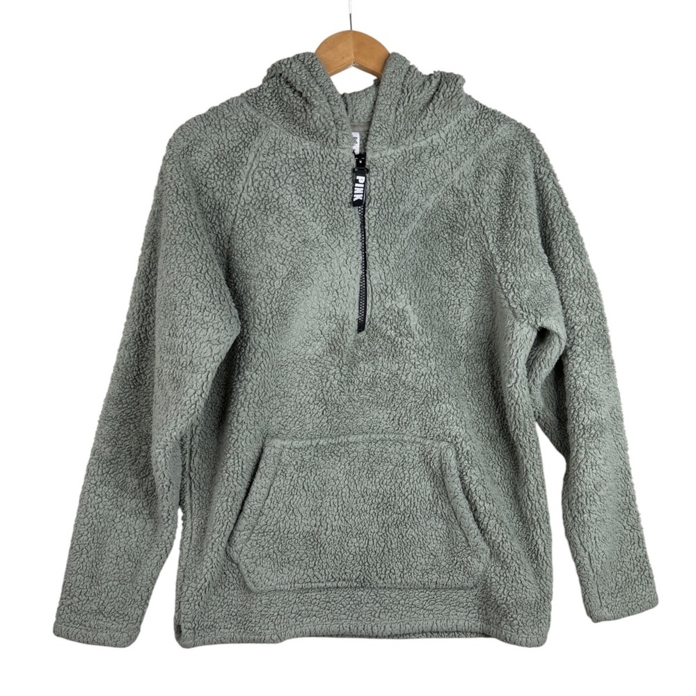 PINK Victoria's Secret Half Zip Pullover Sherpa Hoodie Size Small Green